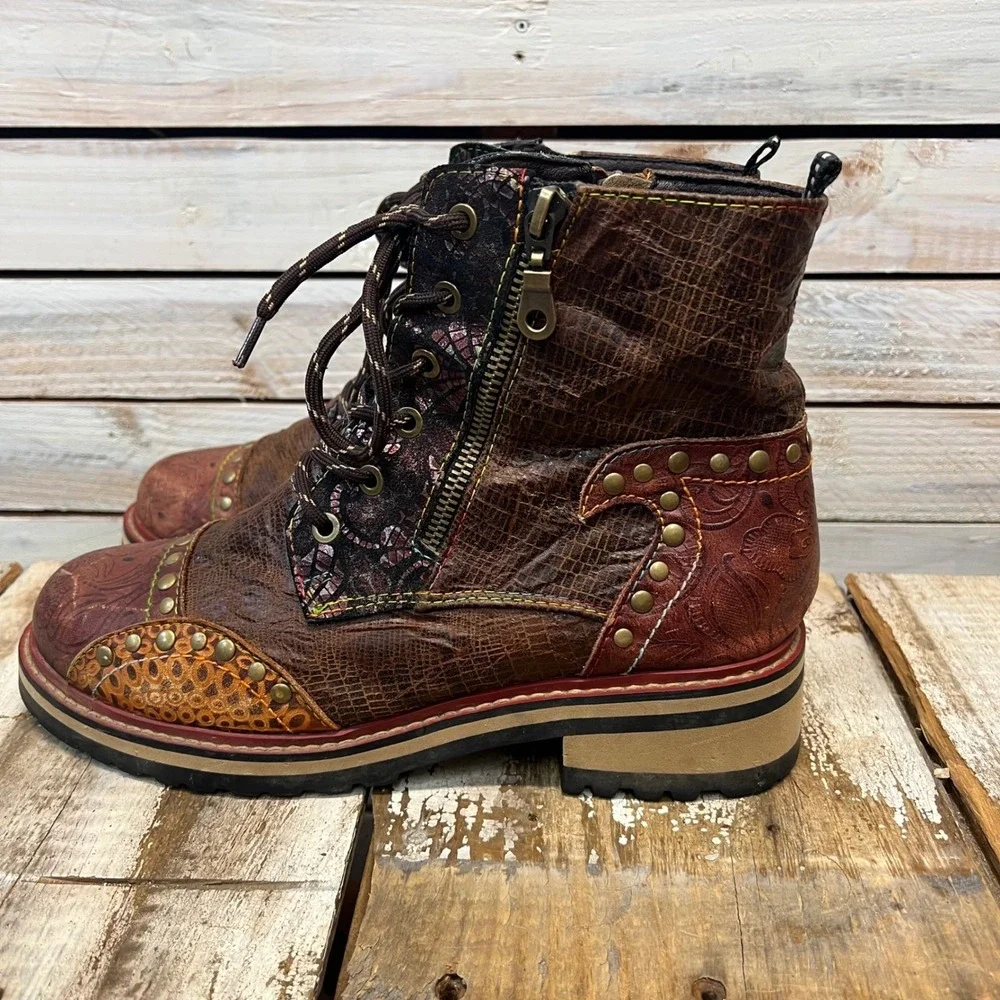 Spring Step L'Artiste Leather Combat Boots Studded Patchwork Floral Size 40